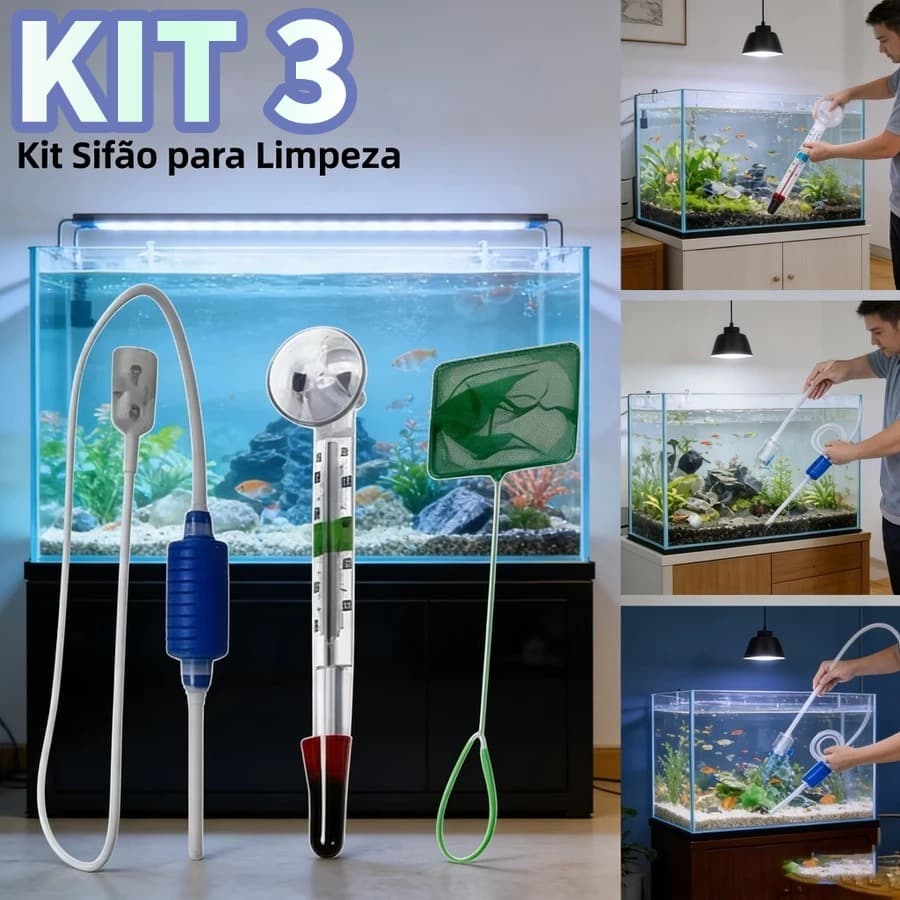 Kit 3 em 1 Manutenção Aquário Sifão + Rede + Termômetro