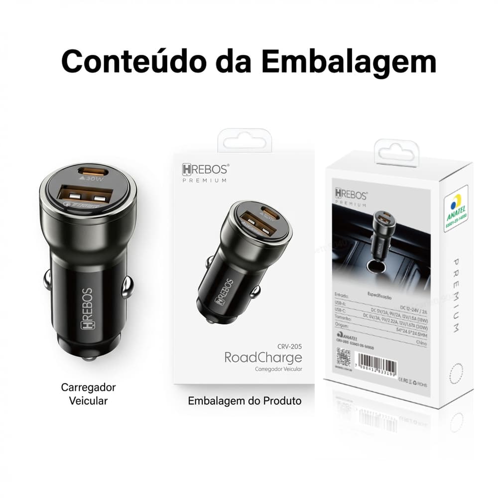 Carregador de Carro Metalizado 60W PD Duas Saídas USB‑C, Carga Rápida, Compatível com Celulares e Tablets