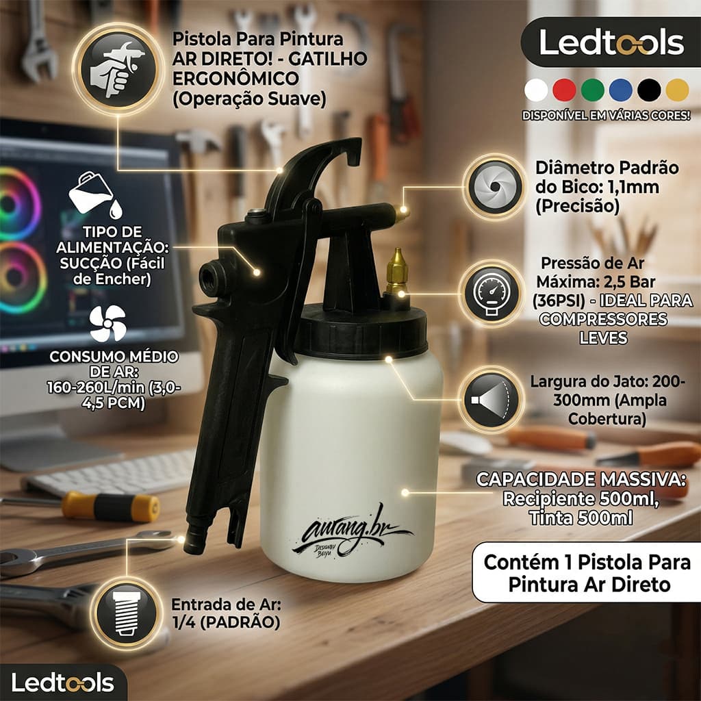 Pistola de Pintura Ar Direto 500ml Profissional para Lanternagem Oficina e Retoque