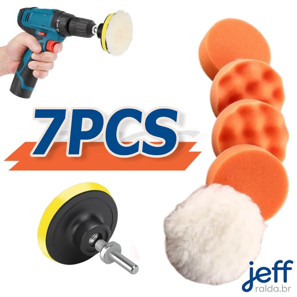 Kit Boina Automotiva Polimento 3 Pol 7 Peças Espuma e Lã Com Suporte Para Furadeira e Parafusadeira
