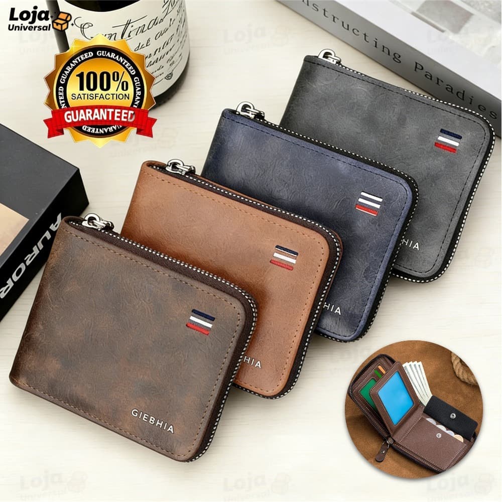 Carteira Masculina Moderna Com Zíper Multifuncional Com Porta Moedas Cartão e Bolso Interno de Zíper Nova-LU