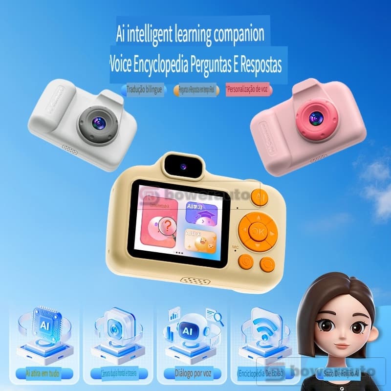 Câmera Infantil AI Inteligente com Reconhecimento de Objetos, Conversa, Lente Dupla HD, Brinquedo Educativo para Criança