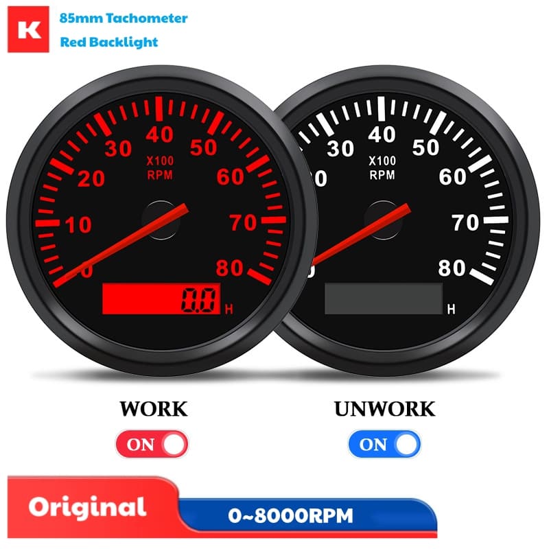 Carros 85mm 0-8000RPM Mostrar Tacômetros Medidores De Sinal De Pulso De Barco Rev Contadores Com Luz De Fundo Vermelha O