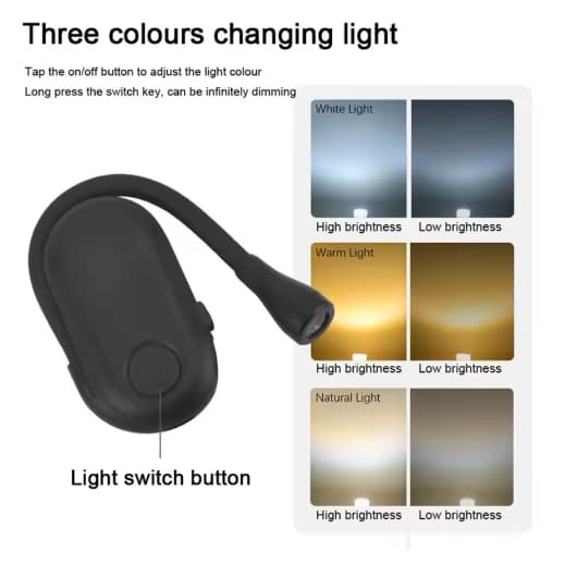 Mini Clip Ajustável 360 ° Lâmpada de Estudo LED Recarregável 3 Cores para Leitura em Quartos de