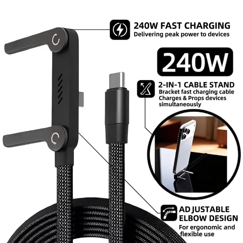 240W 2 Em 1 Type C Cabo De Carregamento Rápido Cotovelo Dobrável Fio De Dados Suporte De Mesa Para Celular 1M 1.5M Viage