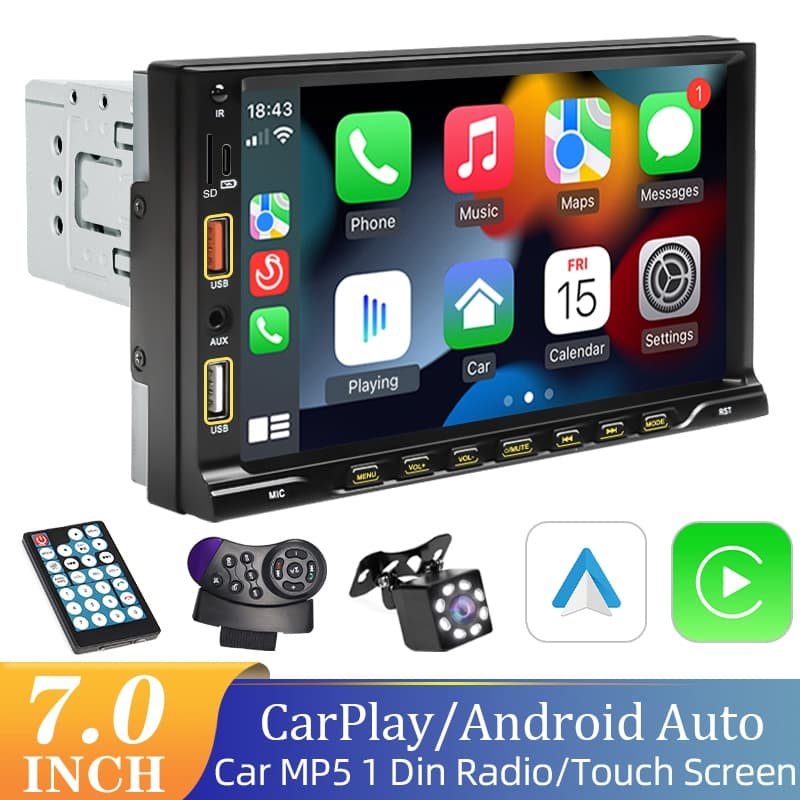 Carplay Multimídia Central 1 Din 7 Polegadas MP5 Bluetooth USB/AUX/TF Mirrorlink Com Tela Sensível Ao Toque