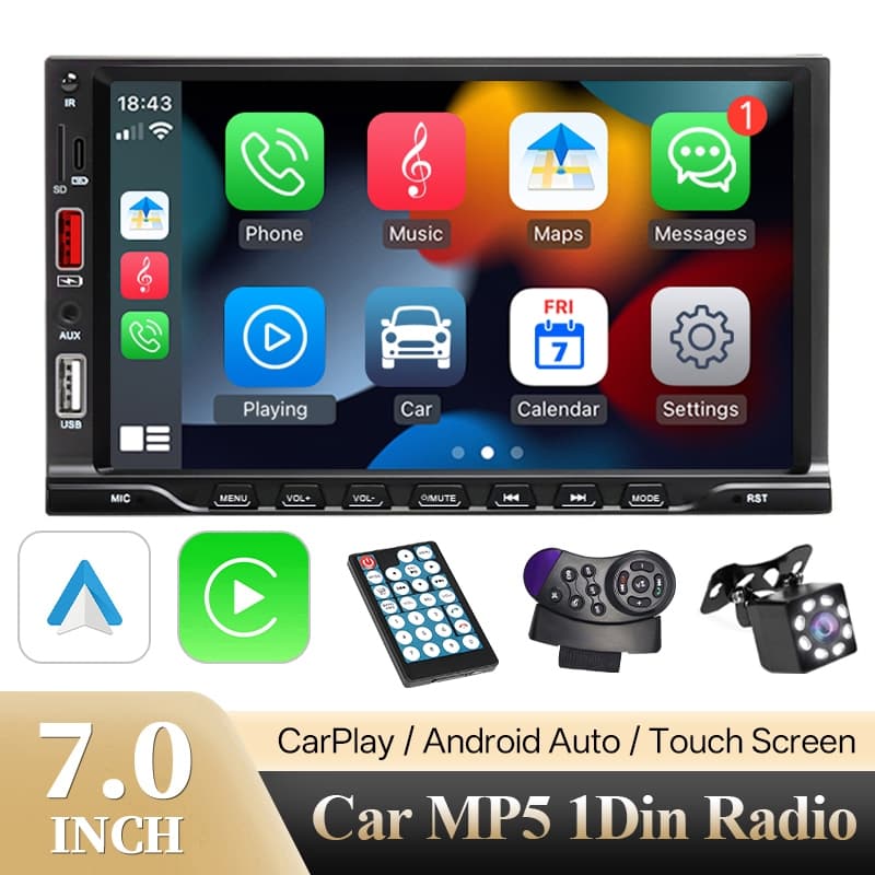 HIPPCRON Multimídia Central Carplay 1 Din 7 Polegadas MP5 Bluetooth USB/AUX/TF Mirrorlink Com Tela Sensível Ao Toque