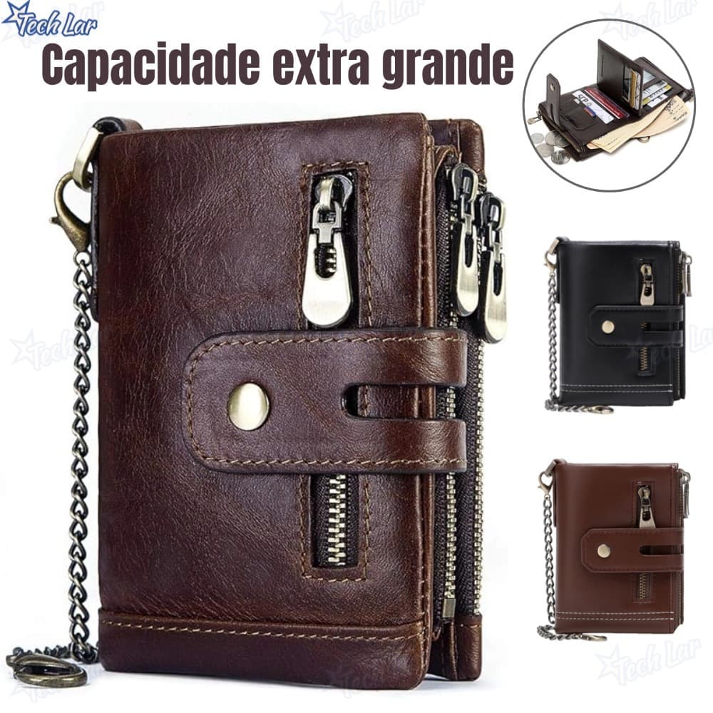 Carteira de Couro Genuíno Masculina Proteção RFID Corrente Estilosa Novidade para 2026 fina texturizada marrom preta-TL