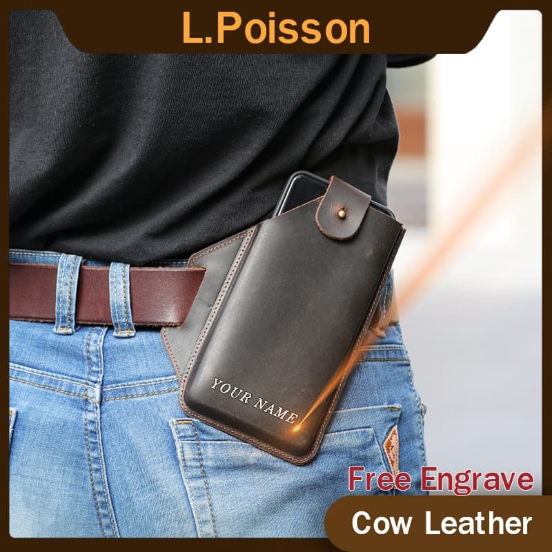 Bolsa De Capa De Telefone Com Cinto De Nome De Gravação Grátis 6.7 " Crazy Horse Couro Cintura Sacos Para Homem