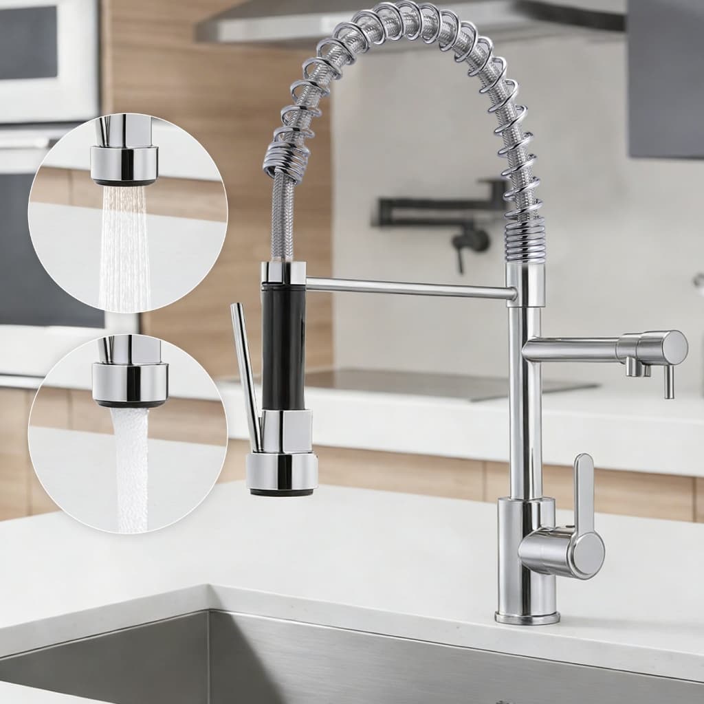 Torneira De Cozinha Gourmet Alça Única Com Extensor De Spray Tubo De Água Flexível Superior Prateado Para Ajustar 360 °