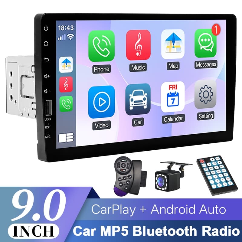 Rádio Do Carro 1 Din Carplay Android Auto Multimídia Player 9 Polegada Tela De Toque FM Bluetooth MirrorLink Universal