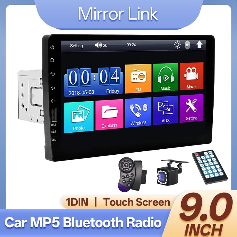 Rádio Automotivo 1 Din Multimedia Player Tela Sensível Ao Toque De 9 Polegadas FM Bluetooth MirrorLink Universal