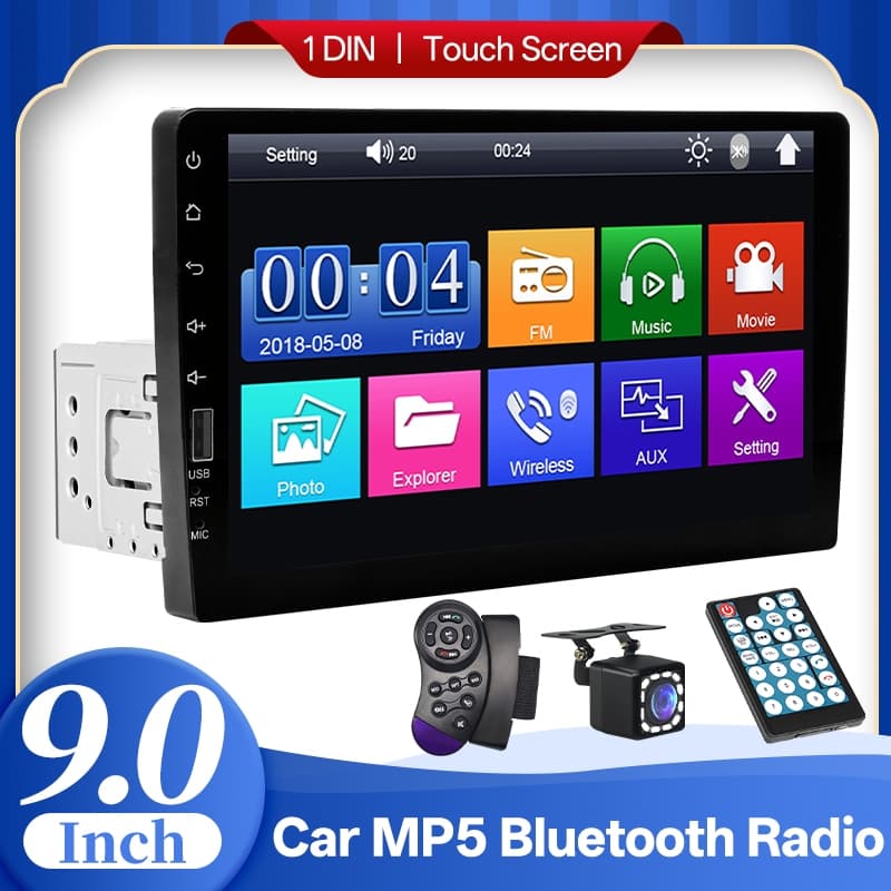 Rádio Automotivo 1 Din Multimedia Player Tela Sensível Ao Toque De 9 Polegadas FM Bluetooth MirrorLink Universal