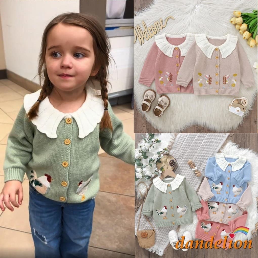 Cardigan Suéter para Bebê Menina | Bordado de Galo, Gola Boneca, Manga Longa Fechamento em Botão,Roupa de Outono/Inverno