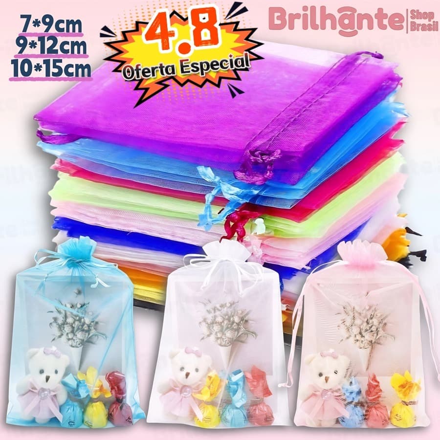 Kit 50/100 Saquinho Organza7*9 9*12 10*15 Saco Para Lembrancinhas Decoração Presente Festa Casamento