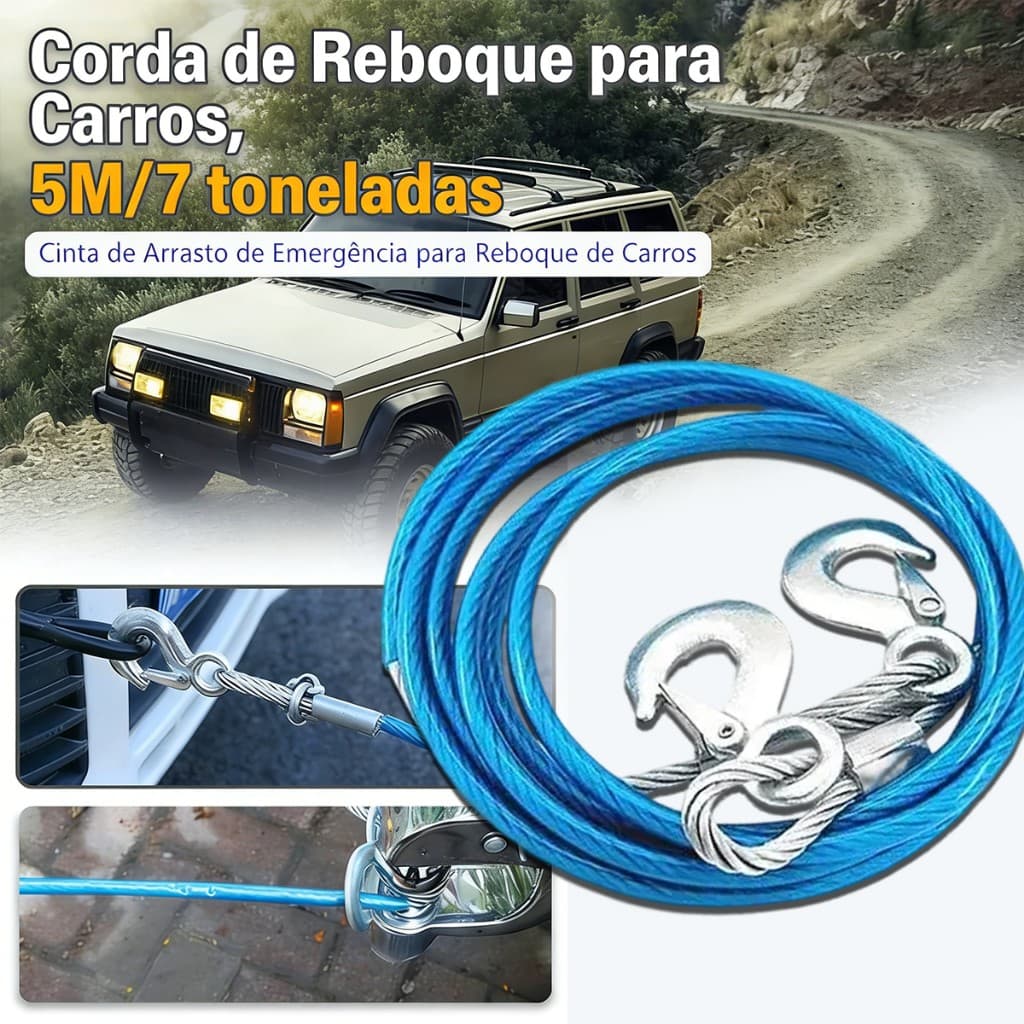 Corda de Tração de Aço 5m x 7t | Winch Cable para Carros, Reboques e Resgate Off-Road com Gancho de Segurança