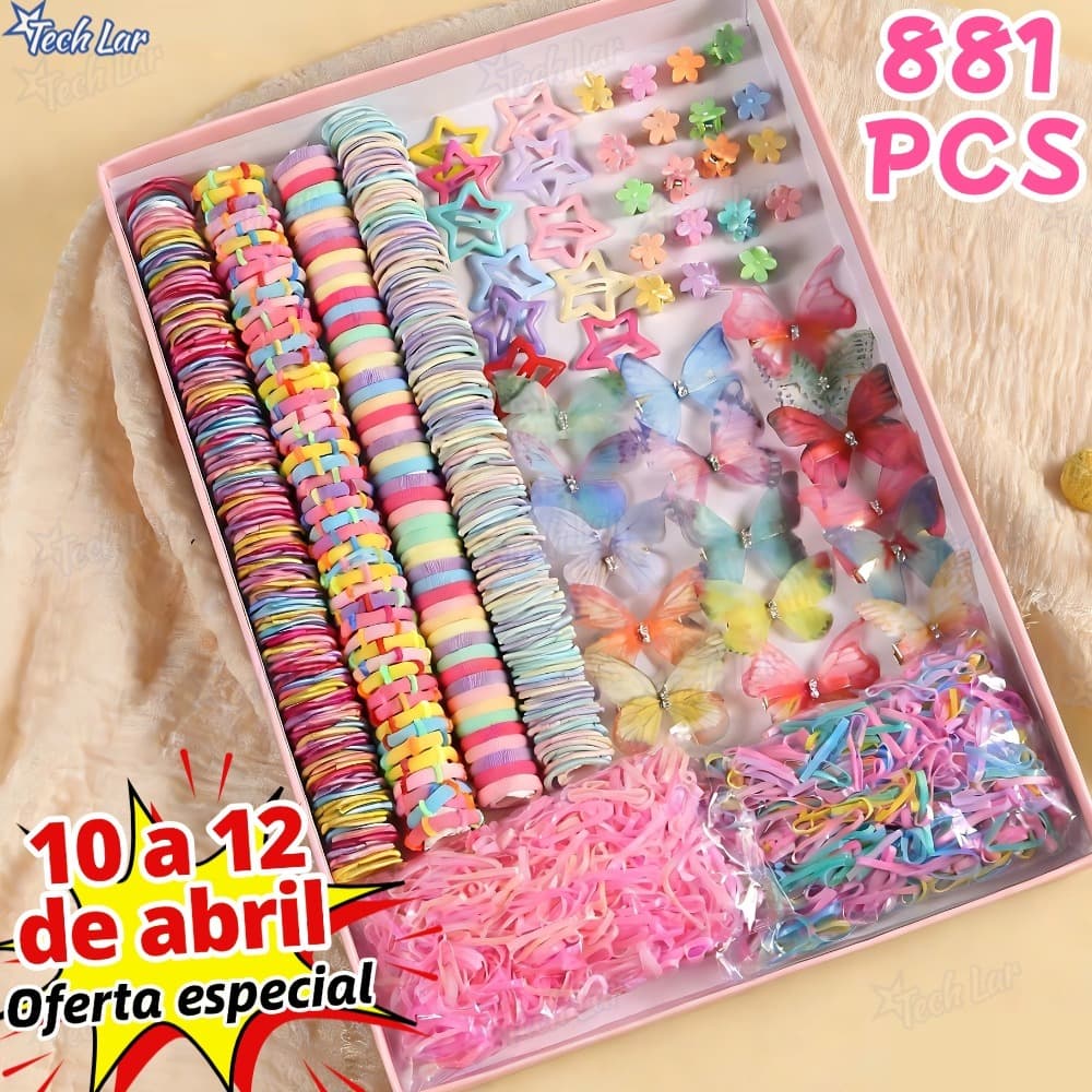 Conjunto com 881pcs de elásticos de cabelo coloridos mistos com clipes em forma de estrela para penteados -TL