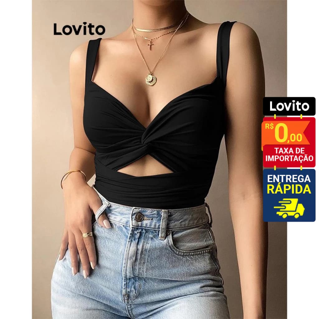 Lovito Top Regata Casual Feminina Lisa com Recorte frontal e detalhe no Busto LNL38051