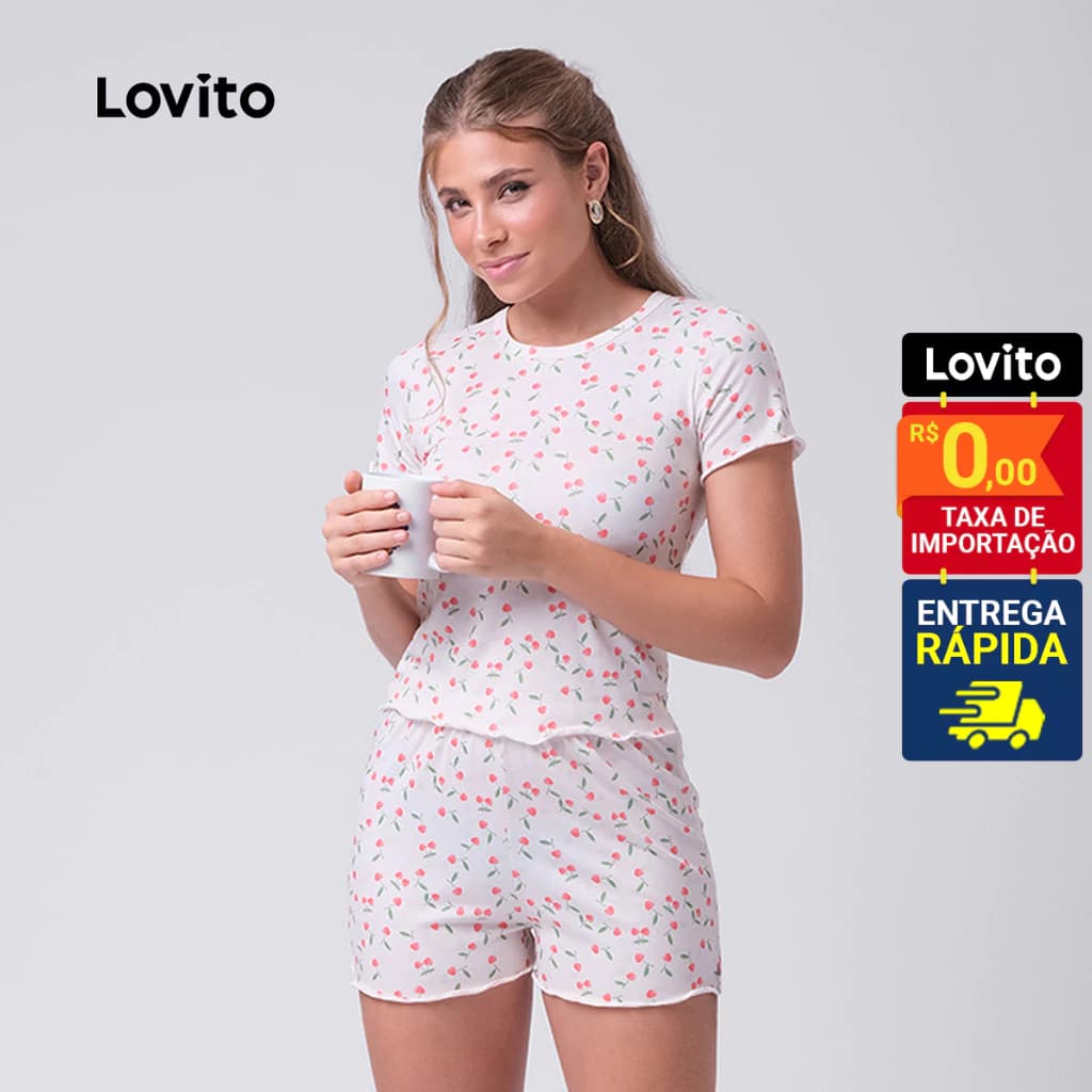 Lovito Pijama Feminino Curto Conjunto Blusa e Shorts Estampado LB310BRL339
