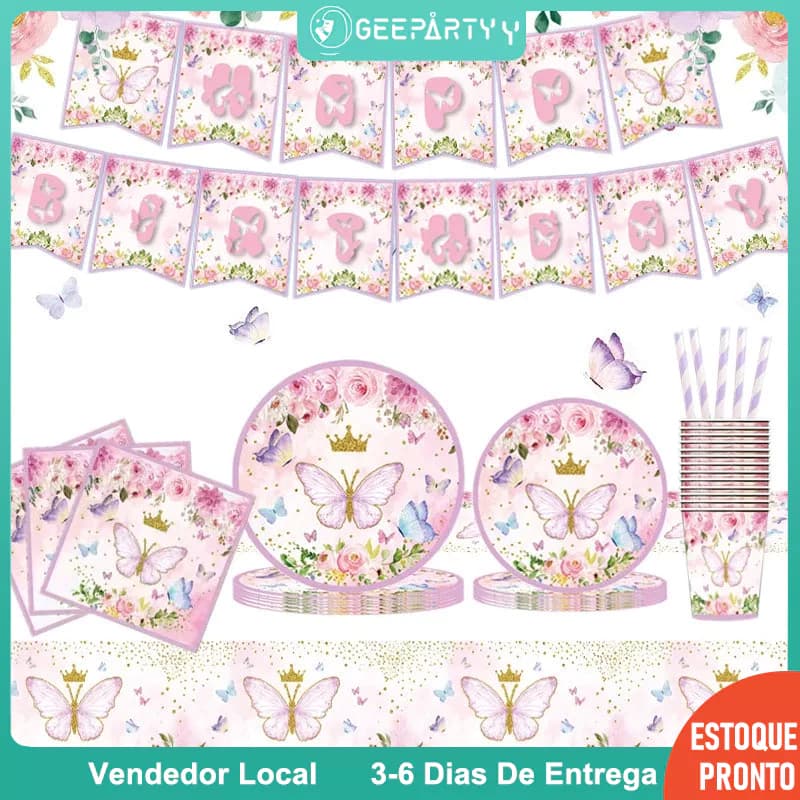 GeeParty - Talheres e Pratos Descartáveis com Tema de Borboleta para Festa de Aniversário da Menina