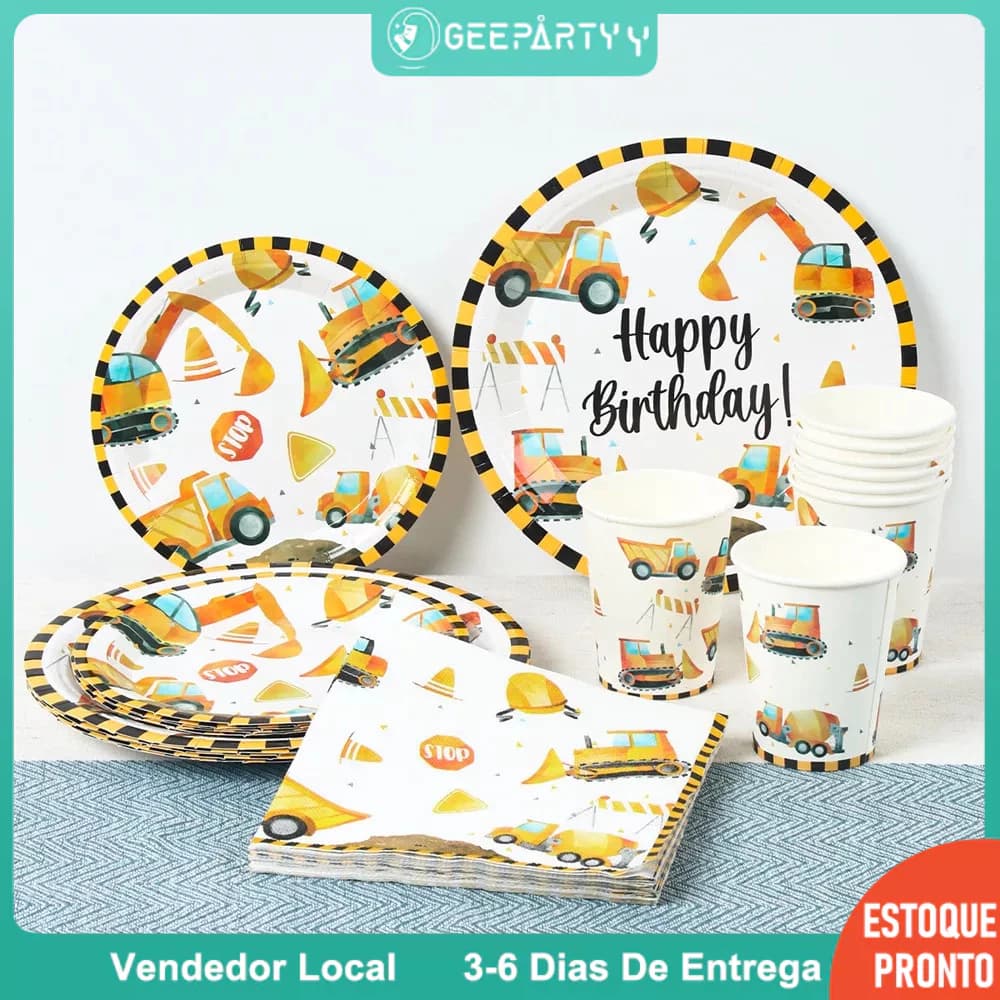GeeParty Tema De Construção Talheres Descartáveis Prato Copo Guardanapo Louça Para Crianças Menino Engenharia Veículo De