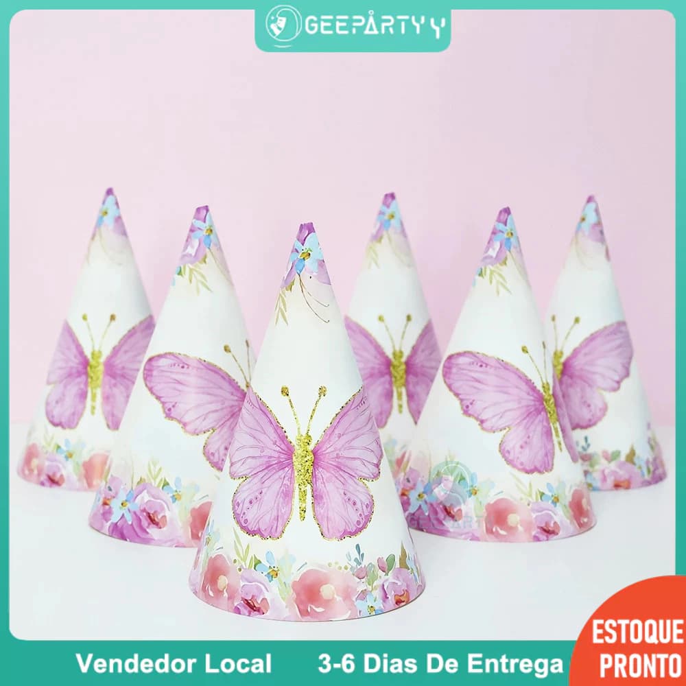 GeeParty 6 Pçs/set Tema Borboleta Chapéu De Aniversário Rosa Padrão Papel Para Crianças Menina Festa Precisa De Suprimen
