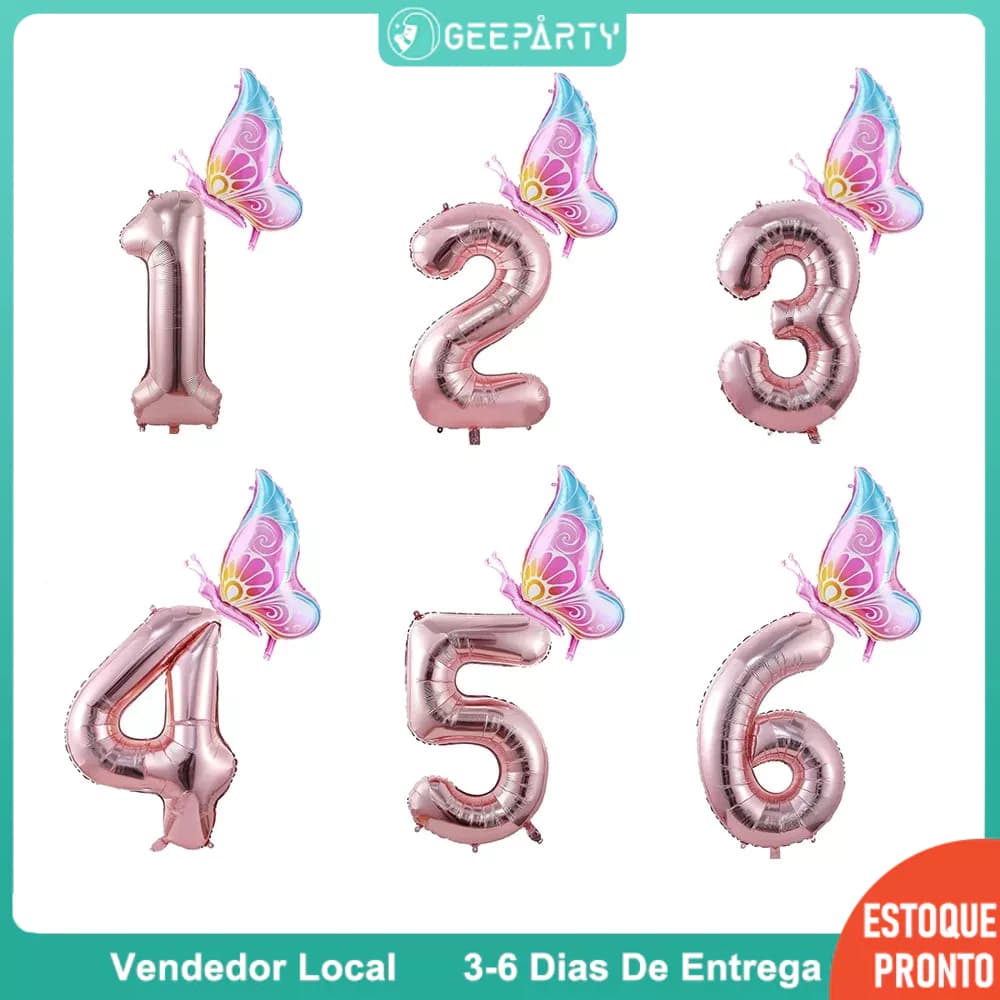 GeeParty Balão Número 32" Rose Dourado Borboleta - Conjunto para Festa de Aniversário