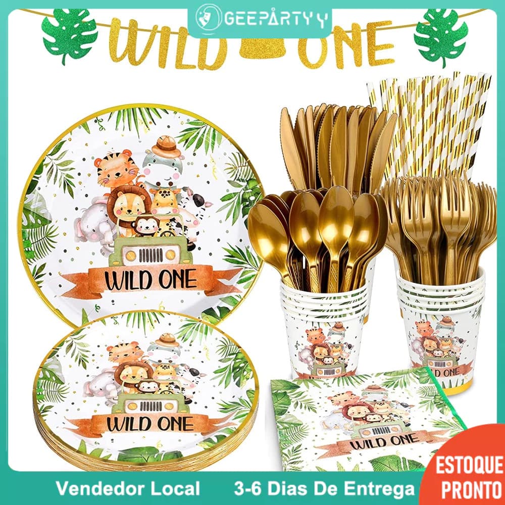 GeeParty Safari Jungle Party Talheres Descartáveis Wild One Bronzing Zoo Animal Theme Decorações De Festa