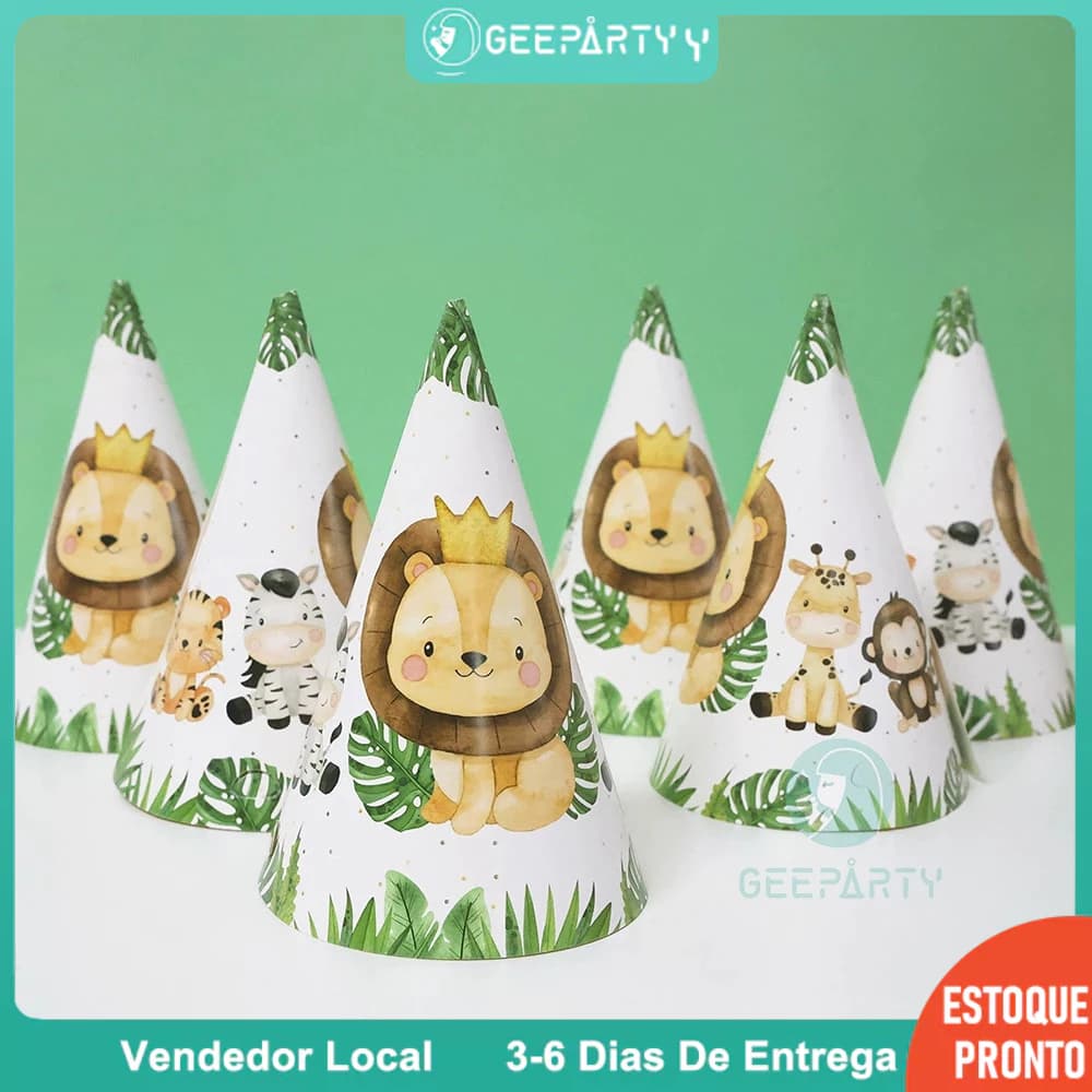 GeeParty 6 Pçs/Set Safari Tema Bonito Animal Da Selva Impresso Chapéu De Aniversário Boné Para Crianças Menino Decoraçõe