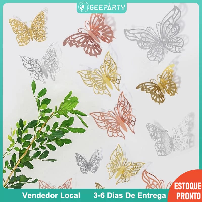 GeeParty – 12 Unidades Adesivos de Borboleta 3D para Festa de Aniversário