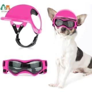 Capacete e óculos para cães, pequeno chapéu de motocicleta com alças ajustáveis ​​para passear com o cachorro