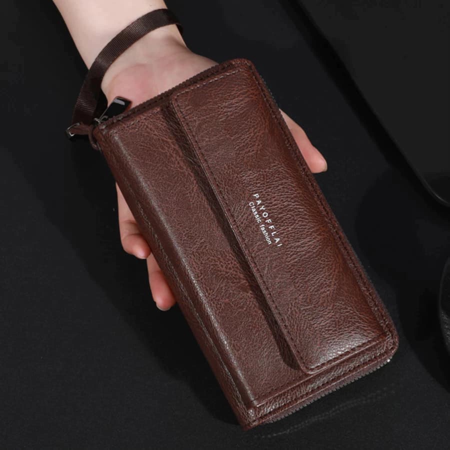 Carteira Masculina Com Zíper Longo – Suporte Para Telefone Em Couro PU De Grande Capacidade Compartimentos Vários Cartõe