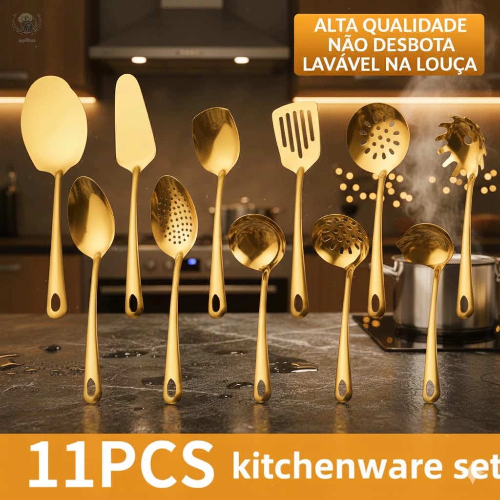 Conjunto de cozinha de aço inoxidável de 11 peças, conjunto de utensílios de cozinha completo de talheres