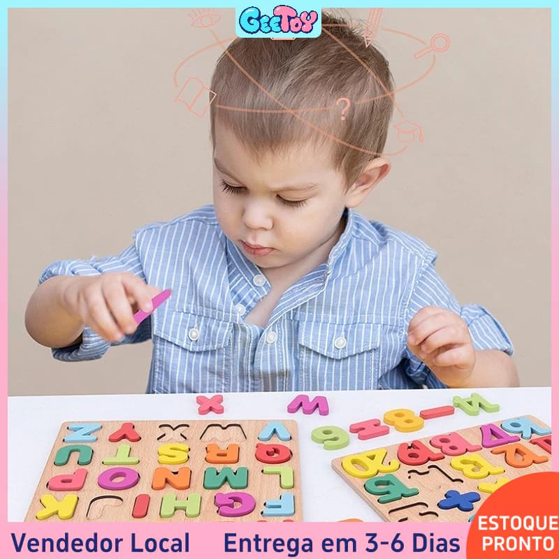 Quebra-Cabeça de Madeira 3D com Alfabeto e Números - Brinquedo Educativo para Crianças