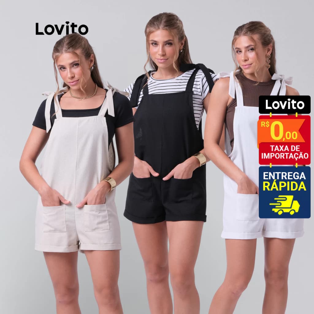 Lovito Macacão Salopete Curto Sem Mangas com Amarração Ombros e Alfaiataria Feminino LB296BRL325