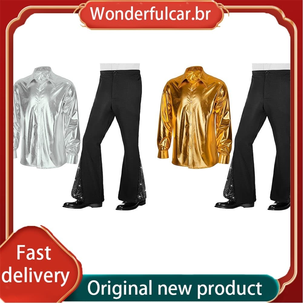 [WDFU] Camisa Masculina Brilhante E Calça Inferior De Sino De Lantejoulas 2 Peças Terno Retrô Hippie Conjunto De Discote