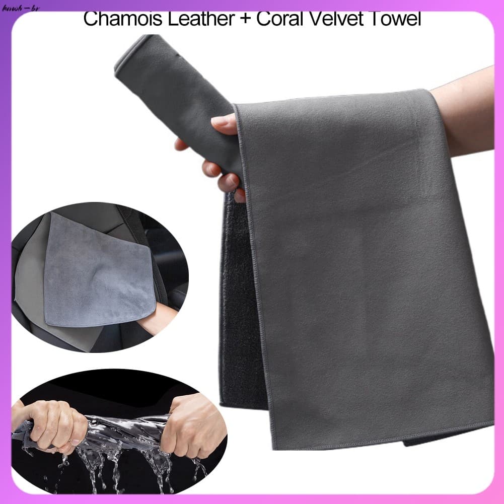 ⭐ oww-br Toalha De Secagem De Carro De Couro Camurça + Lã Coral Absorvente De Pano De Limpeza