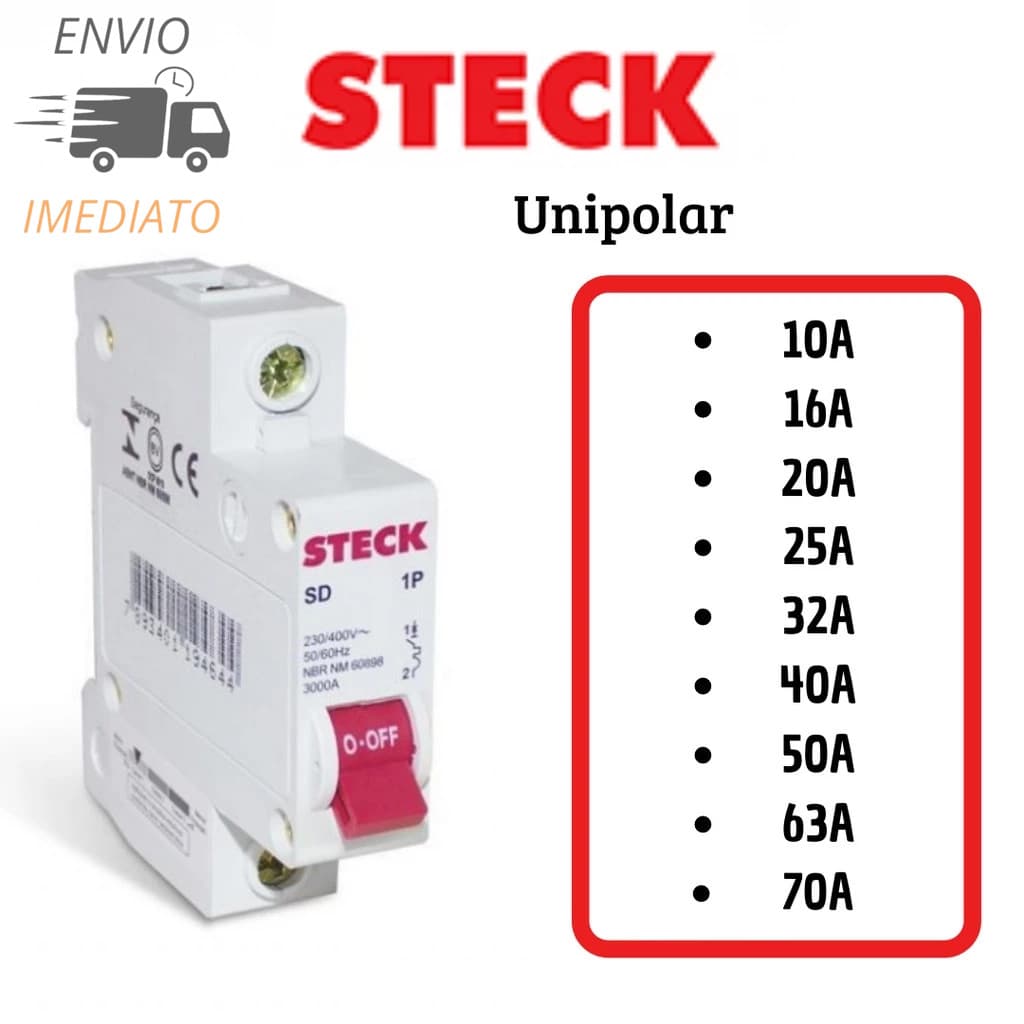 Disjuntor Steck Curva C Unipolar 10a, 16a, 20a, 25a, 32a, 40a, 50a e 63a