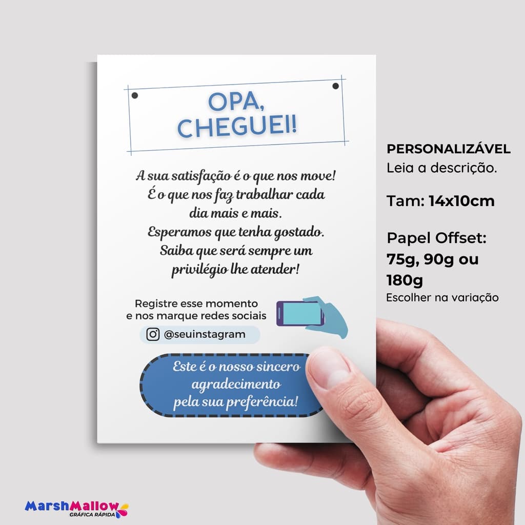 Carta de Agradecimento ao Cliente 10x14cm Personalizada, Cartão para loja masculina, Flyer, Panfleto, Oba, cheguei