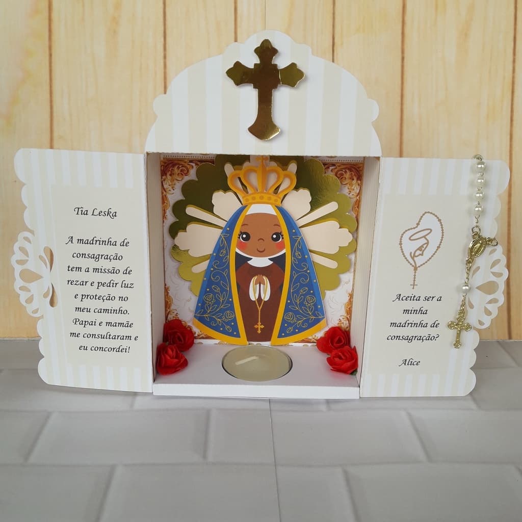 Convite Oratório Crisma/Batismo/ Consagração/ Nossa Senhora Aparecida c/ Terço, Vela