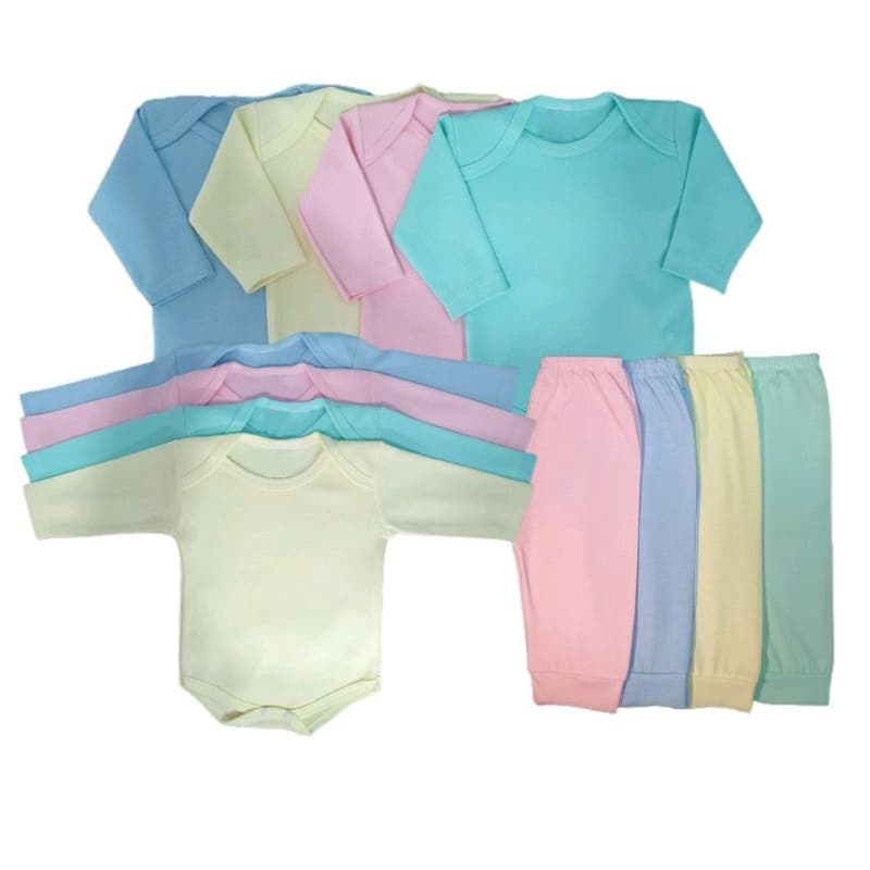 kit enxoval 6 ou 4 peças combinando 100% algodão bebê menino e menina body e calça lisos.