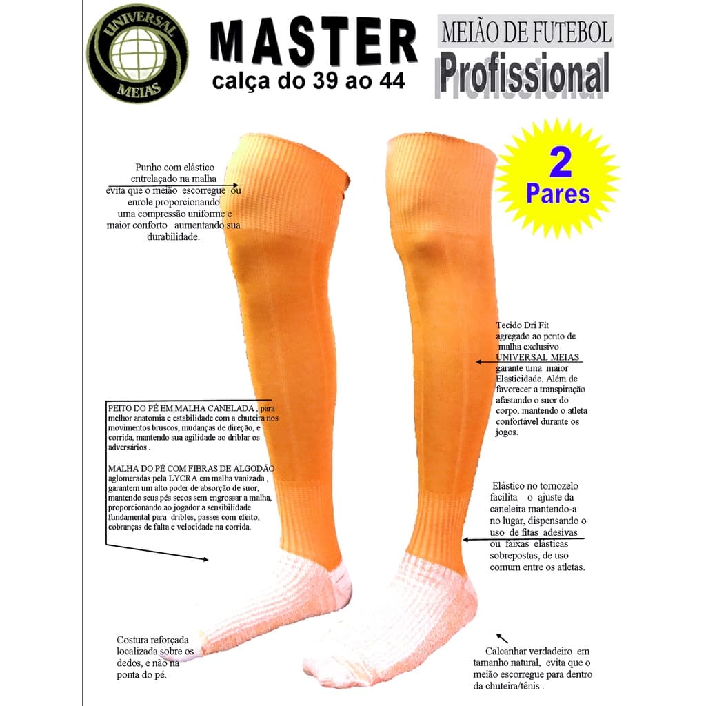2 Pares de Meião de Futebol LARANJA - Profissional - ORIGINAL Universal Meias - Adulto - Juvenil - Infantil