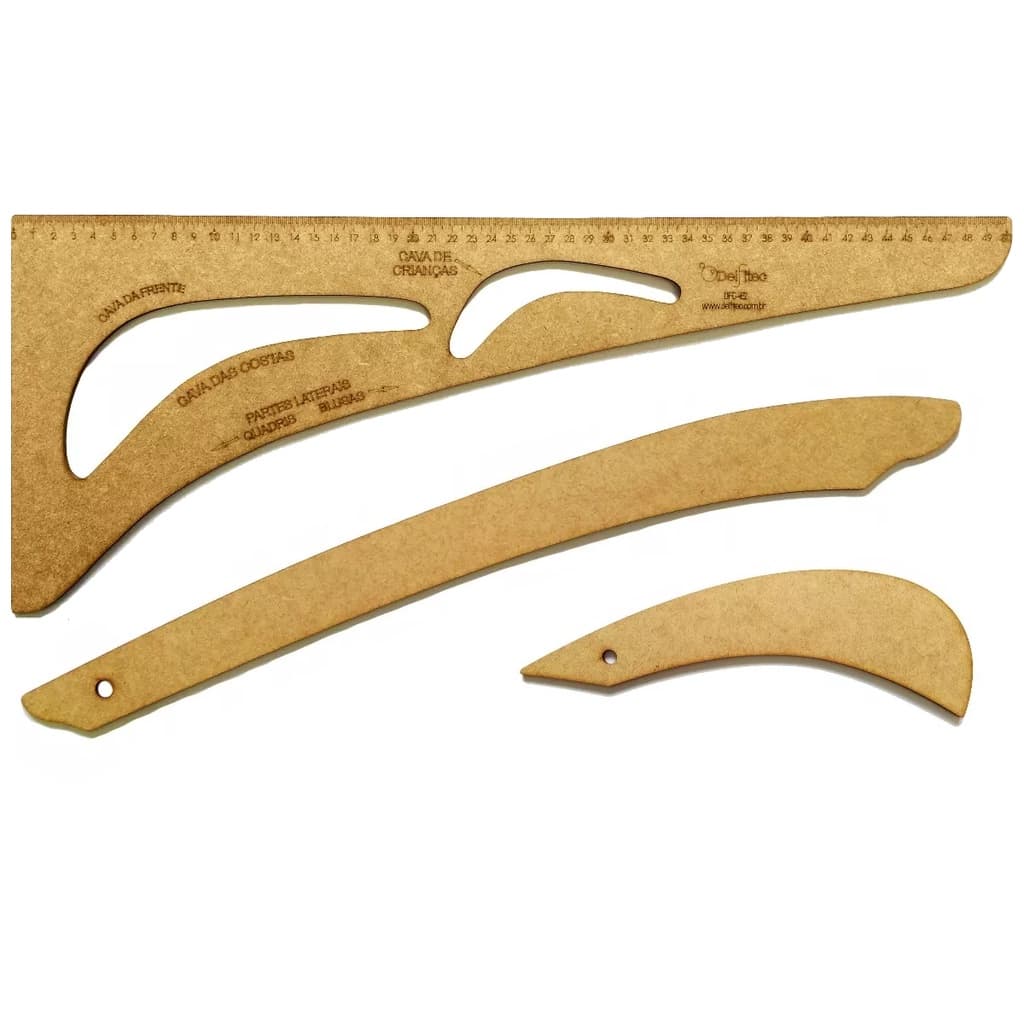 Kit Regua Conjunto Costura Modelista Nº2 Profissional 3Pçs MDF
