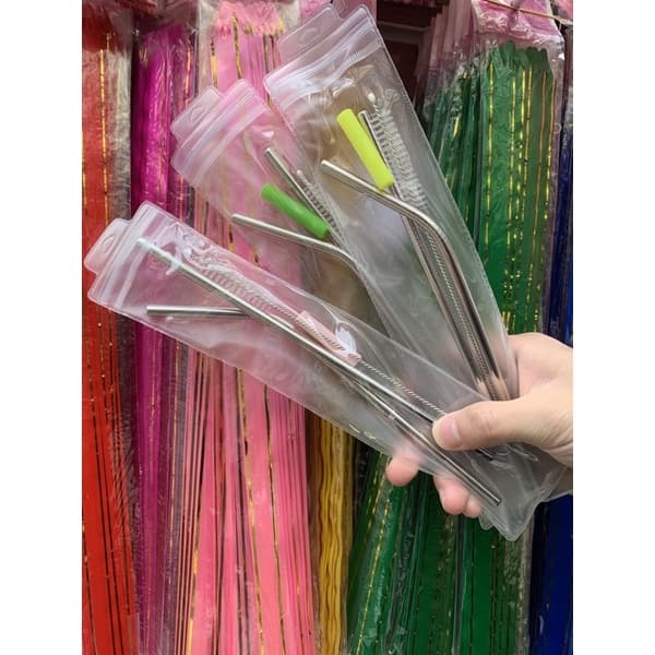 Canudo Aço Inox Com 2 Canudos 1 Ponteira 1 Escova 1 Capa Pretetora 6mm Copo 1200ml