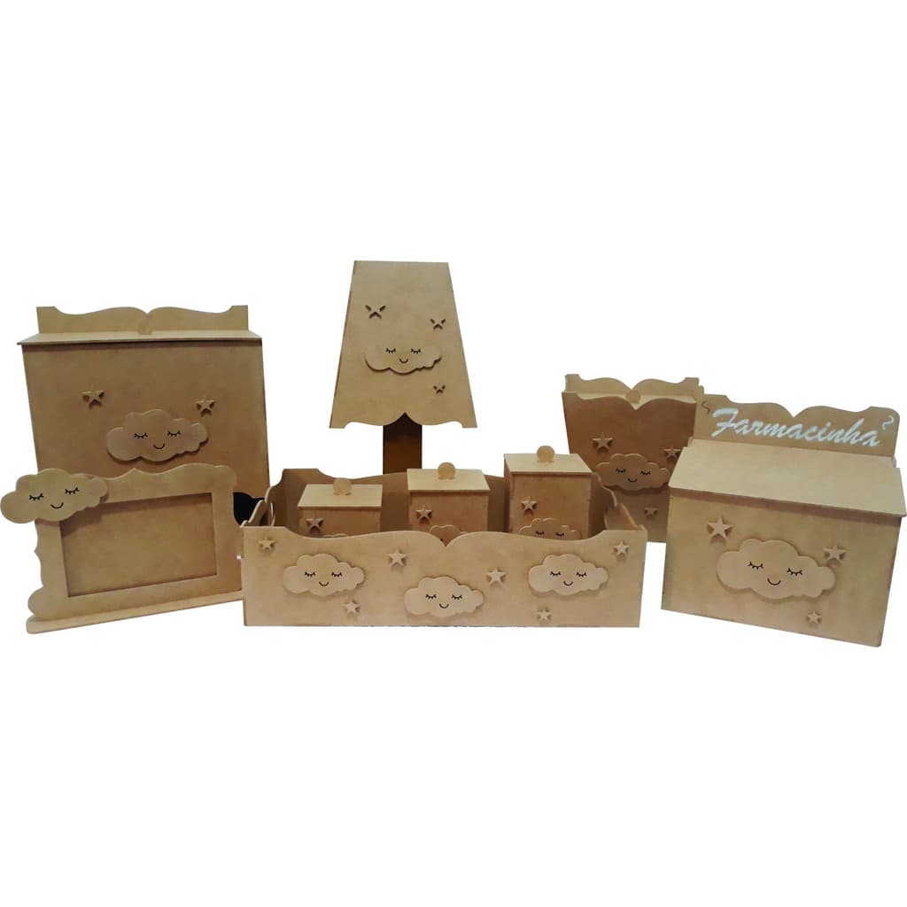 Kit Higiene Bebê Nuvem 9 Peças Mdf Cru Desmontado Decoração Quarto Bebê