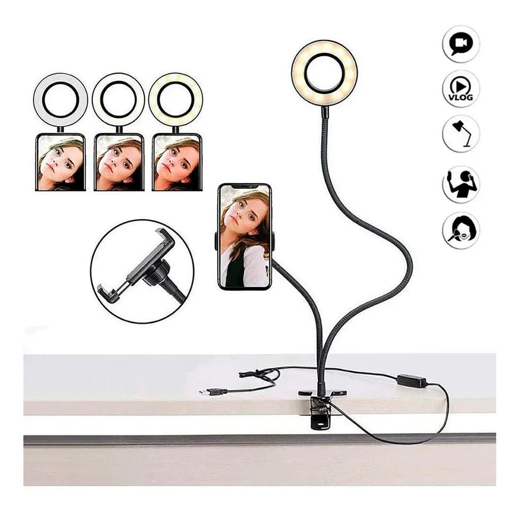 Ring light de mesa 2 em 1 com suporte de celular para maquiagem