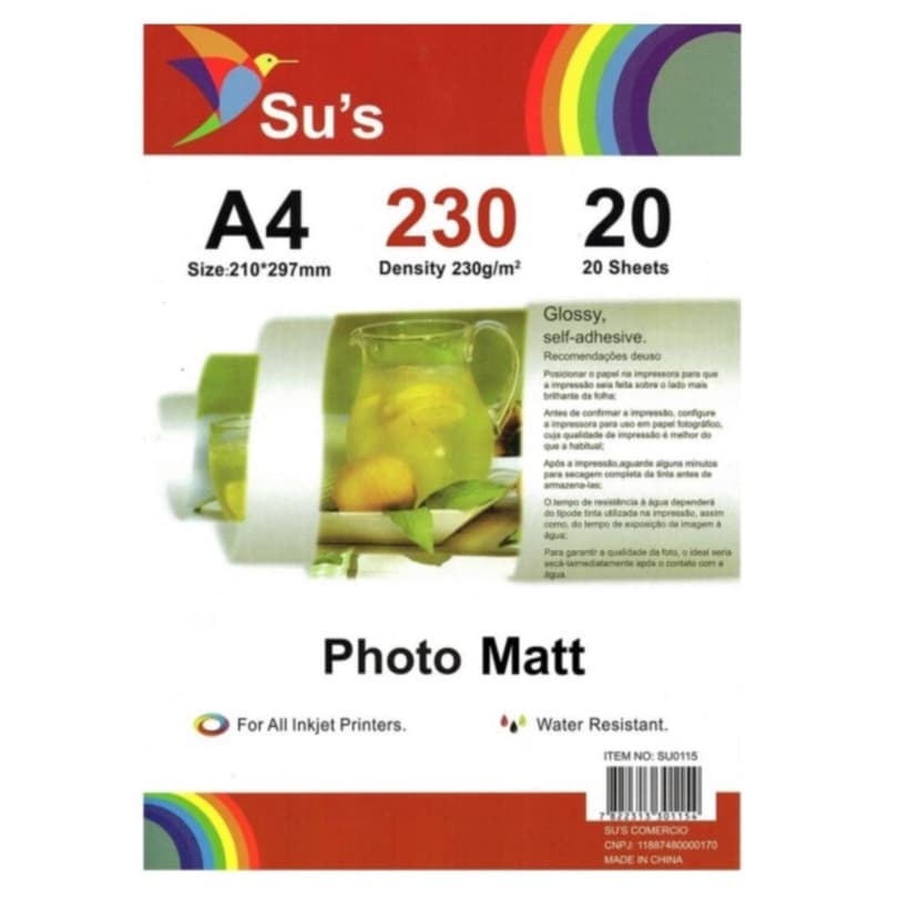 Papel Fotográfico Premium A4 Matte SU'S (Fosco) 230g  CONTEM 20 Folhas