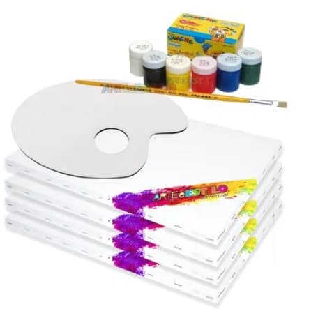 Kit de Pintura com 4 Telas 20x30 + 6 Potes de Tintas + 1 Pincel para Pintura + 1 Paleta para Tintas