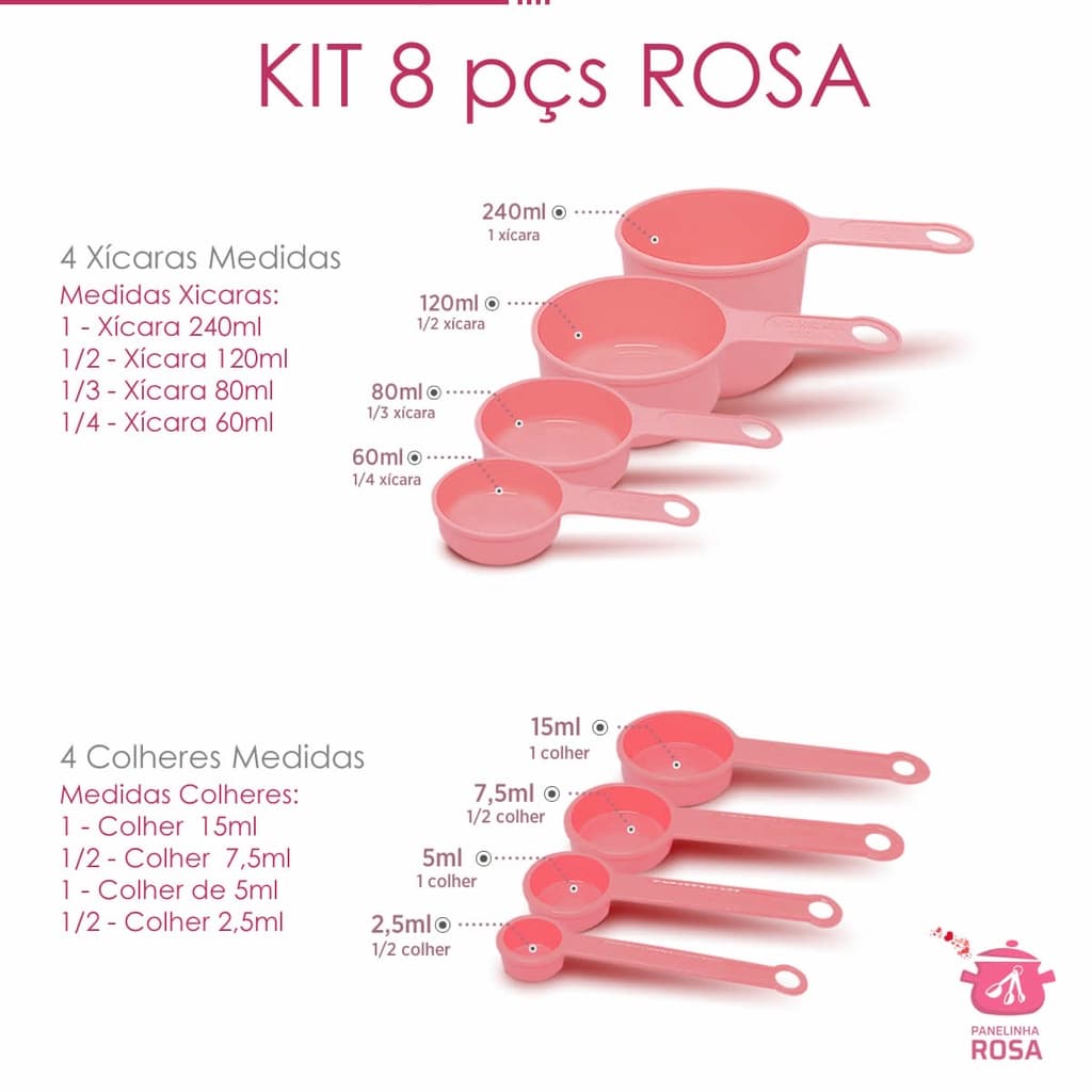 conjunto de medidas e Medidores xicaras e colheres rosa  - 8 peças
