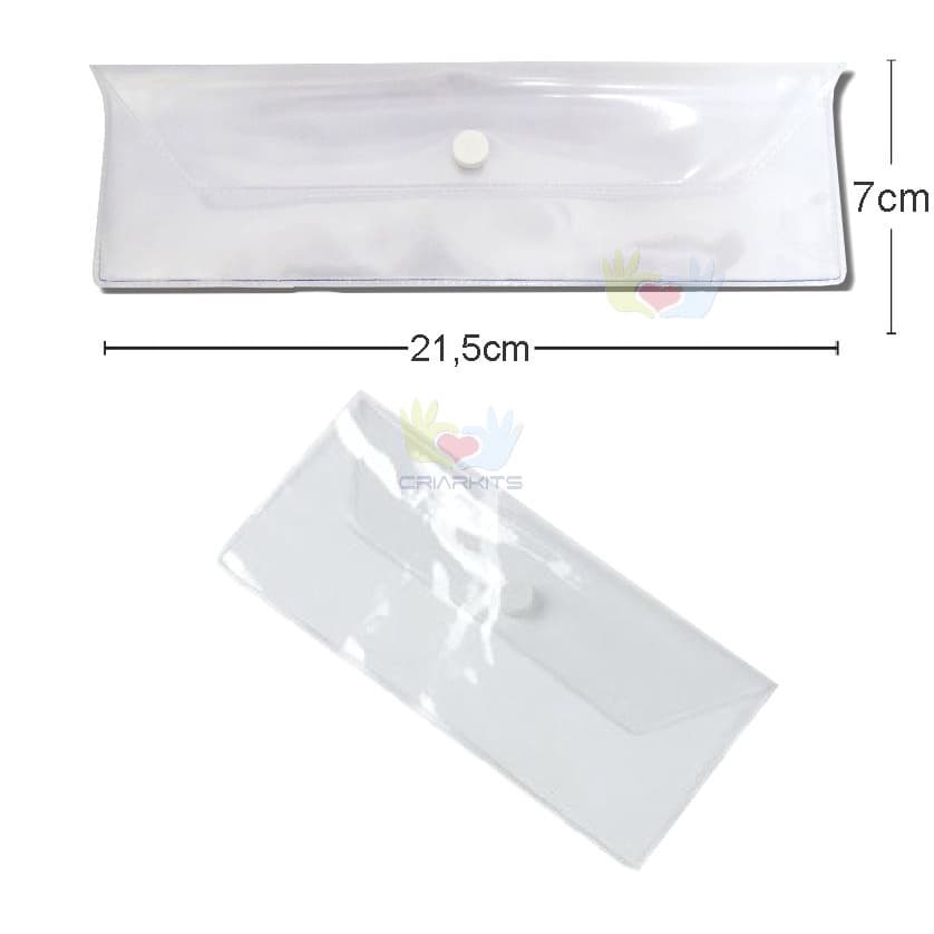 1  Porta lápis objetos Organizador Estojo  Pvc Transparente Fechamento em Botão 7x21,5 Cm